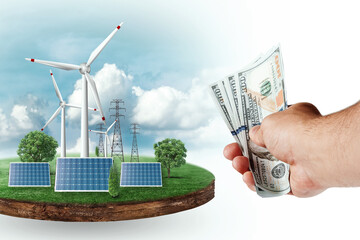 Wall Mural - Hand with dollars on the background of solar panels.. Solar panel cost, solar powered business. The cost of green electricity, the energy of the future.