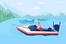 Fishing Tournament In Boats Flat Color Vector Illustration. Competing For Winning Cash Prize. Young, Inexperienced Angler 2D Cartoon Character With Lake Landscape And Powerboats On Background
