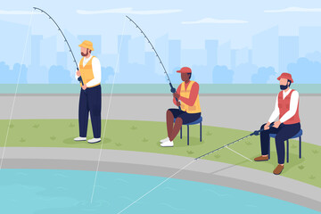 Amateur fishing competition flat color vector illustration. Professional fishermen. Tournament for amateur anglers. Ambitious fishing enthusiasts 2D cartoon characters with cityscape on background