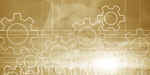 Wall Mural - Gears mechanism on virtual screen. Business people and modern city on background