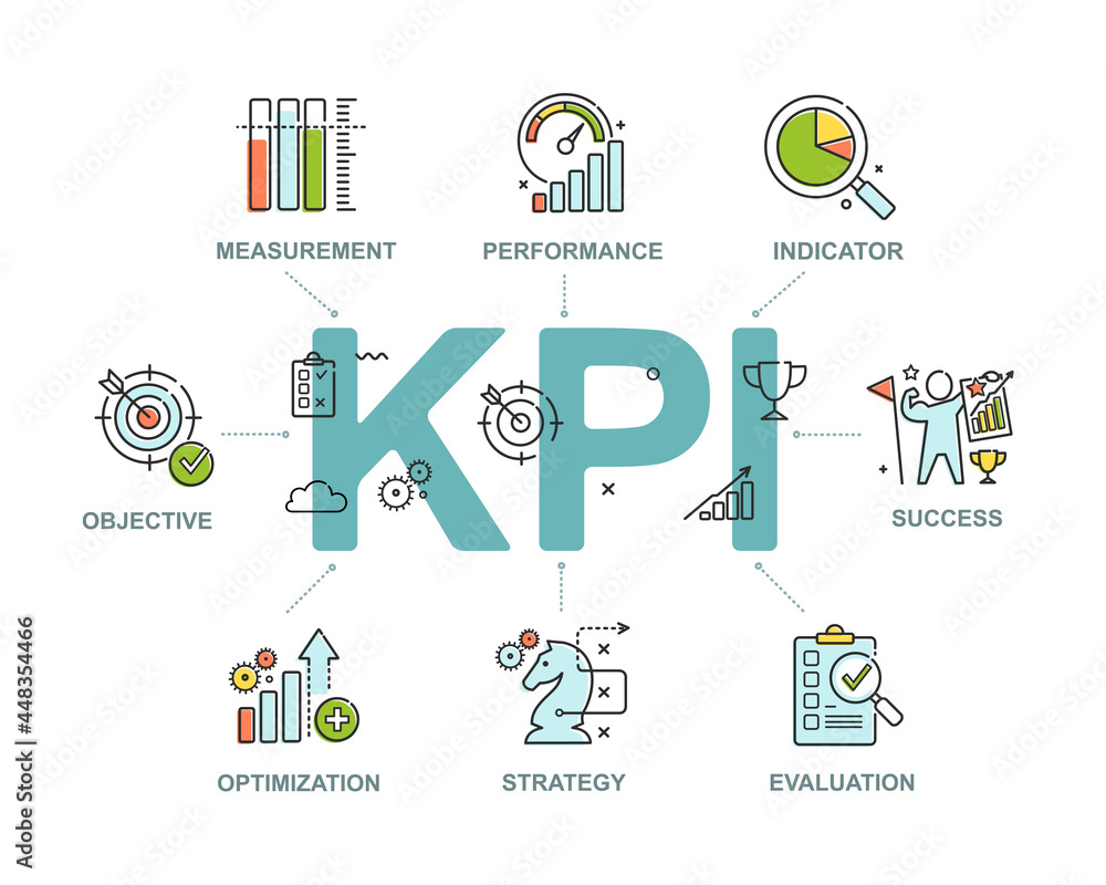Key Performance Indicators KPI flat line infographic icons set of ...