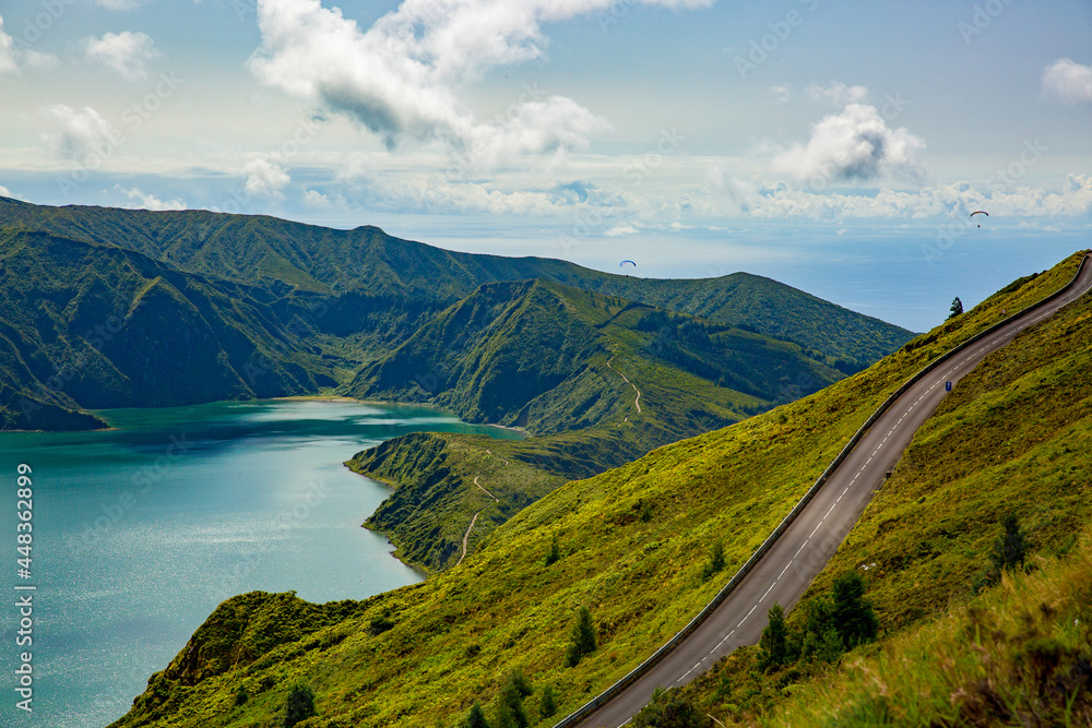 Road to the viewpoint of Lagoa do Fogo, the lake of fire in the Azores ...