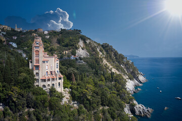 Canvas Print - Benelli castle on the Ligurian sea, Rapallo resort, Italy.