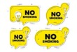 No smoking banner. Idea yellow chat bubbles. Stop smoke sign. Smoking ban symbol. Now open chat message banners. Idea lightbulb balloons. Vector