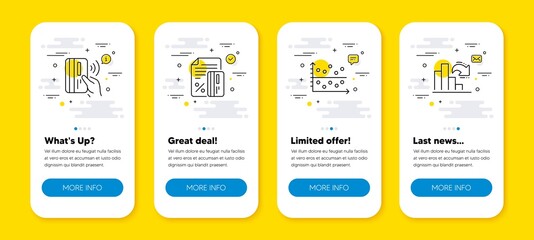 Wall Mural - Vector set of Contactless payment, Credit card and Dot plot line icons set. UI phone app screens with line icons. Decreasing graph icon. Bank money, Loan percent, Presentation graph. Vector