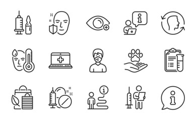 Healthcare icons set. Included icon as Pets care, Face protection, Medical vaccination signs. Medical analyzes, Vaccination announcement, Face id symbols. Bio shopping, Farsightedness. Vector