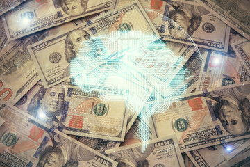 Double exposure of brain drawing over us dollars bill background. Technology concept.