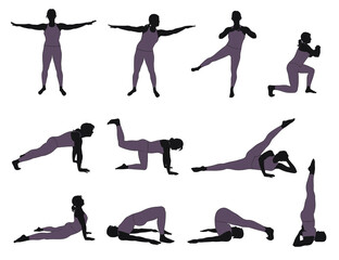 Wall Mural - Vector icons of woman doing yoga exercises. Set of silhouettes of flexible girl stretching her body in different yoga poses. Black shapes of woman in costume isolated on white background.