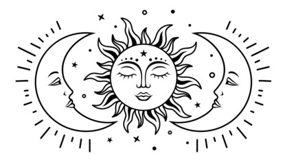 Wall Mural - sun and two moon with faces. celestial design. vector silhouette illustration. symbols of magic and 