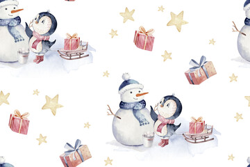 Watercolor merry christmas character penguin illustration. Winter cartoon isolated cute funny animal design card. Snow holiday season xmas penguins.