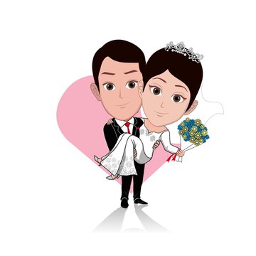 Cartoon carricature couple wearing wedding dress and being carried
