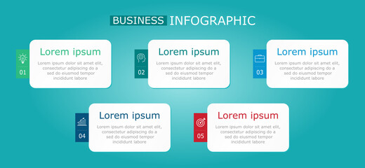 Wall Mural - Business infographic Vector with 5 steps. Used for presentation,information,education,connection,marketing, project,strategy,technology,learn,brainstorm,creative,growth,abstract,stairs,idea,text,work.