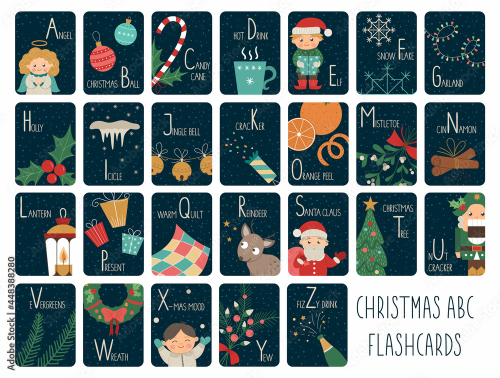Christmas alphabet cards for children. Cute cartoon ABC set with