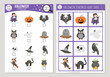 Vector Halloween scavenger hunt cards set. Seek and find game with witch, lantern, vampire for kids. Autumn Fall holiday searching activity. Simple educational printable worksheet..