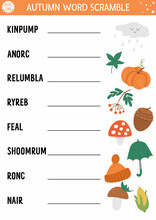 Vector Autumn Word Scramble Activity Page. English Language Game With Cute Pumpkin, Mushroom, Umbrella For Kids. Fall Season Family Quiz. Simple Educational Printable Worksheet..