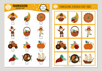 Wall Mural - Vector Thanksgiving scavenger hunt cards set. Seek and find game with cute turkey, pumpkin, pilgrim for kids. Autumn Fall holiday searching activity. Simple educational printable worksheet..