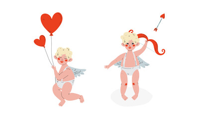 Wall Mural - Cute Blond Cupid Boy Holding Balloons and Shooting Arrow with Bow Vector Set