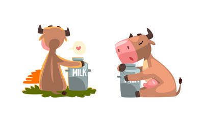 Poster - Cute Milk Cow with Udder Embracing Can with Milk Vector Set