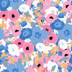 Seamless pattern with bright flowers drawn by paint