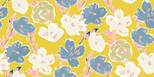 Simple Seamless Pattern Of Hand Drawn Gouache Flowers, Abstract Colorful Background.