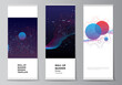 Vector layout of roll up mockup templates for vertical flyers, flags design templates, banner stands, advertising. Artificial intelligence, big data visualization. Quantum computer technology concept.
