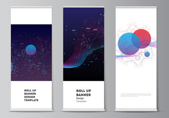 Wall Mural - Vector layout of roll up mockup templates for vertical flyers, flags design templates, banner stands, advertising. Artificial intelligence, big data visualization. Quantum computer technology concept.