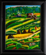 Framed reverse glass painting of a country farm in Maramures region of Romania. Colorful naive hilly landscape painting.