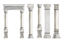 Roman Stone Column Set, Vector Marble Greek Pillar Collection, Ancient Architecture Decorative Objects. Doric Temple Arch, Antique Renaissance Palace Design Elements. Castle Exterior Marble Columns