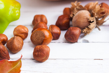 Canvas Print - autumn fruits and vegetables on white wooden