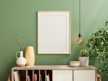 Mockup Photo Frame Green Wall Mounted On The Wooden Cabinet With Beautiful Plants.