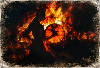 Poster - beautiful shamanic girl playing on shaman frame drum in the nature. Painting effect.