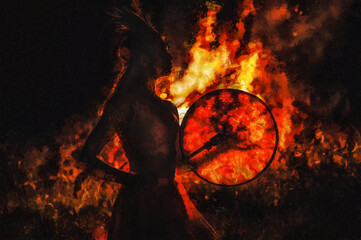 Poster - beautiful shamanic girl playing on shaman frame drum in the nature. Painting effect.