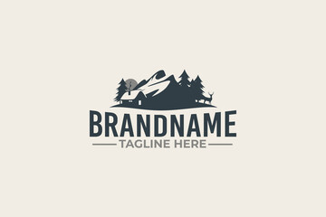 Wall Mural - cabin logo vector graphic with pines, deer and mountain for any business especially for outdoor activity, hunting, travel and holiday, etc.
