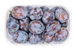 Ripe prune plums in a clear plastic container. Fresh fruit and a subspecies of Prunus domestica, a freestone fruit, also called European plum or Zwetschge, with a purple, violet and black skin. Photo.