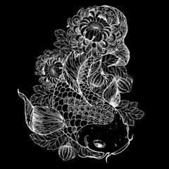 Wall Mural - Koi carp and chrysanthemum flowers sketch. Vector illustration. Tattoo print. Hand drawn illustration for t-shirt print, fabric and other uses.