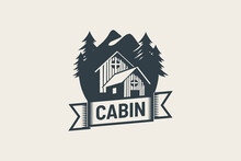 Cabin Logo Vector Graphic With Pines And Mountain For Any Business Especially For Outdoor Activity, Hunting, Travel And Holiday, Etc.