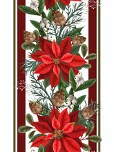 Border With Poinsettia, Pines And Hollyberries. Christmas Background.