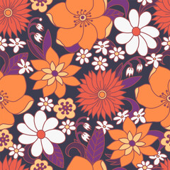 Seamless pattern with simple flowers. Floral print hippie 60s.