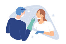 Drive-thru Covid-19 Check, Woman Sitting In Her Car Getting PCR Test For Coronavirus, Medical Worker Collecting Covid Specimen With Nasal Swab Through Vehicle Window, Vector Cartoon Illustration