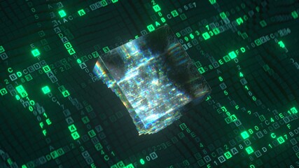 Green hexadecimal computer code and glitching glass cube. Digital datum analysis or transferring concept. 3D rendering