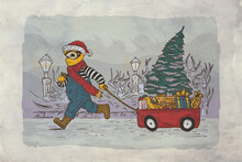 Illustration Of A Character Rushing In Winter With A Christmas Tree And Gifts In His Red Cart