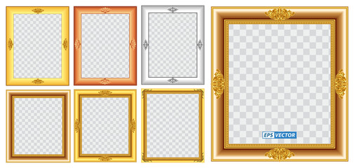 set of realistic gold frame template isolated or gold wood frame retro style or vintage gold photo frame mock up. eps vector