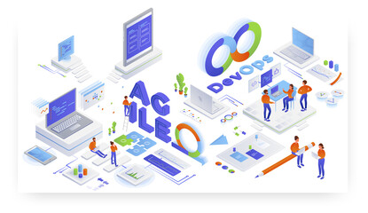 Devops and Agile software development, teamwork, vector isometric illustration.