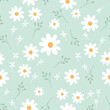 Seamless pattern with daisy flower and green leaves on green background vector illustration. Cute floral print.