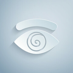 Sticker - Paper cut Hypnosis icon isolated on grey background. Human eye with spiral hypnotic iris. Paper art style. Vector