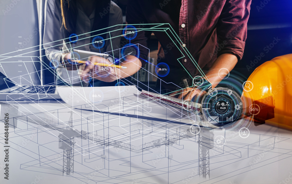 Construction and structure concept, engineer working with digital ...