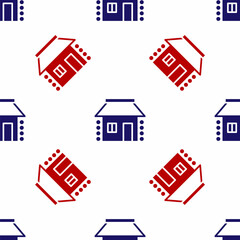 Sticker - Blue and red Old Ukrainian house hut icon isolated seamless pattern on white background. Traditional village house. Vector