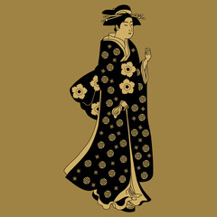 Standing Japanese woman or geisha in traditional kimono. Black and gold silhouette. Isolated vector illustration.