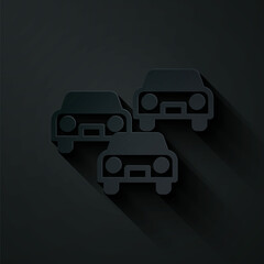 Poster - Paper cut Traffic jam on the road icon isolated on black background. Road transport. Paper art style. Vector