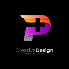 Plus logo and letter P design illustration, colorful design template